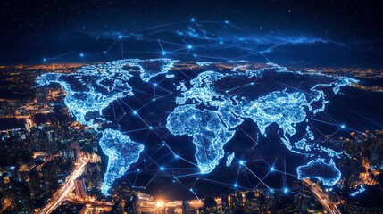 Poster - A glowing world map with connected lines, representing global communication and networks, set against a starry night sky.