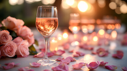 A single champagne glass surrounded by rose petals and candles, with sunlight reflecting off the bubbly drink in a serene, romantic outdoor setting