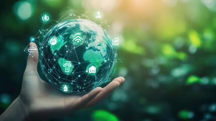 Aufkleber - A hand holding a globe with a network of connected icons symbolizing global connectivity and technology.