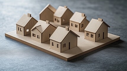 A collection of intricately engraved MDF board houses arranged neatly on a matte gray surface