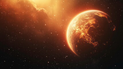 Aufkleber - A burning planet in the depths of space, with a starry background and a glowing aura around the planet, representing the concept of climate change.