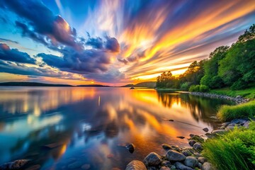 Poster - Captivating Evening Long Exposure Photography of Tranquil Landscapes, Sunset Reflections, and Serene Waterscape with Vibrant Colors and Dramatic Skies for Stunning Visuals