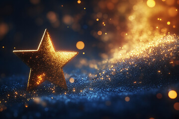 Elegant star shape with gold glitter on a blue background and bokeh effect