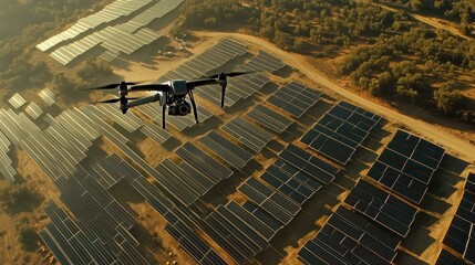 Aerial View of Drone Flying Over Solar Panels in Desert Landscape