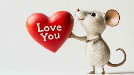 Wall Mural - Charming mouse figurine holding a red heart with Love You message, whimsical love gift concept