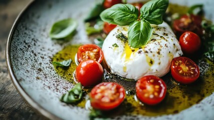 Poster - A plate of creamy burrata cheese with fresh basil leaves and cherry tomatoes, drizzled with olive oil and balsamic vinegar.