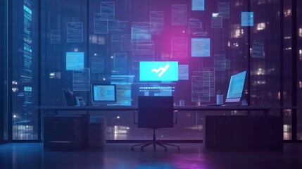 Aufkleber - A modern office with a cityscape view at night with glowing code and a graph on the computer screen.