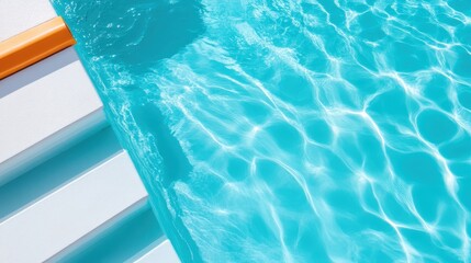 A relaxing view of a modern swimming pool featuring crystal clear blue water and a bright orange railing, perfect for leisure and summer enjoyment.