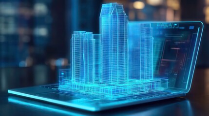 Poster - A 3D model of a modern skyscraper emerges from a laptop screen, representing the concept of urban development and digital technology.