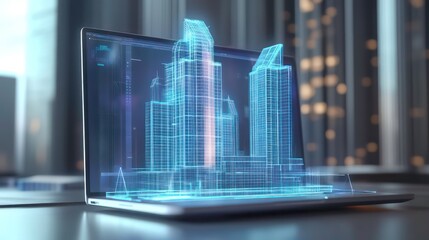 Poster - A futuristic cityscape model rendered on a laptop screen.
