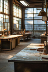 Wall Mural - Empty workshop bathed in sunlight streaming through large windows