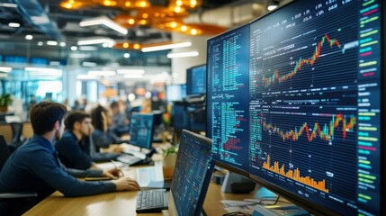 A colorful stock ticker scrolls across the screen in a bustling office environment, highlighting real-time market dynamics.