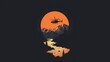 © Nganuu - A minimalist illustration of a helicopter flying over a mountain range and river, framed by a circular orange sunset against a dark background.