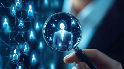 Fototapete - A hand holds a magnifying glass revealing a single person connected to a network of other people, representing the concept of finding the right person in a crowd or searching for talent.