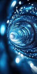 Poster - Futuristic digital landscape with dynamic blue neon lines and particle flow on an abstract dark background conveying technology and innovation