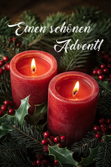 Photography of second Advent arrangement with two candles and holly leaves. The picture is supplemented with a handwritten lettering in German. The text says EINEN SCHÖNEN ADVENT.