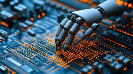 Aufkleber - A robotic hand interacts with a circuit board, representing the future of technology and automation.