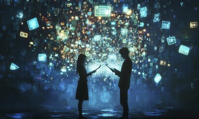 Two silhouettes in front of a digital data wall.