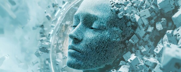 Poster - Digital face of an AI robot constructed from small fragments and data symbols, representing artificial intelligence and futuristic technology in a conceptual and abstract way