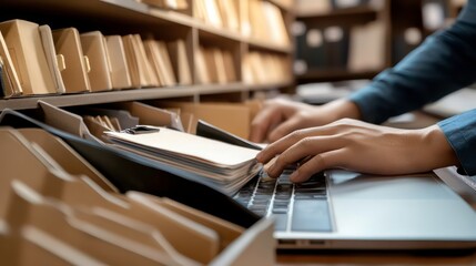 Poster - Close-up of a person's hands typing on a laptop keyboard while working on a desk with folders in the background.