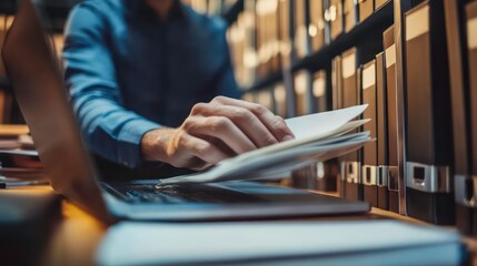 Aufkleber - Man working at a desk with papers and laptop, looking for information in folders on shelves.