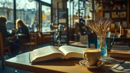 Indoor photo of an old book lies open on the table, next to it another closed book, in the background a window overlooking the fields. a picture in an ancient atmosphere