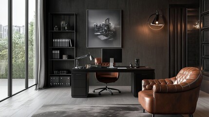 Stylish composition of modern masculine home office with black industrial desk, brown leather armchair, PC, and personal accessories