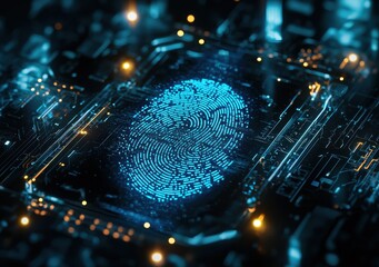 Poster - Digital representation of a glowing fingerprint in a virtual circuit board environment symbolizing cybersecurity and data protection