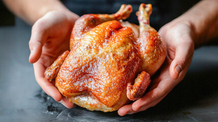 Wall Mural - Chef holding whole roasted chicken in hands