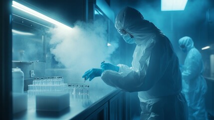 Aufkleber - A man in a lab coat is wearing a mask and gloves as he works with a machine