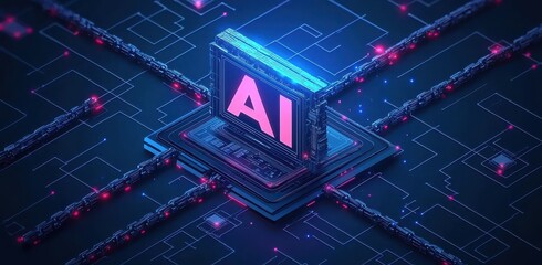 Poster - Isometric illustration of an abstract AI logo with futuristic neon design