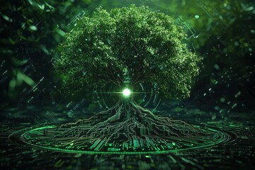 Poster - technological tree of life with vibrant green circuit board roots symbolizing nature and technology 