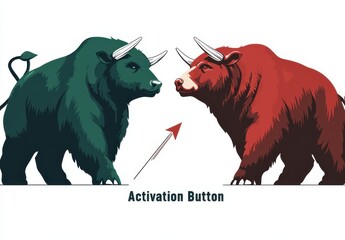 Poster - Abstract  illustration featuring a green and brown bull representing the stock market with arrows symbolizing growth and movement above the words 'Activation Button'.