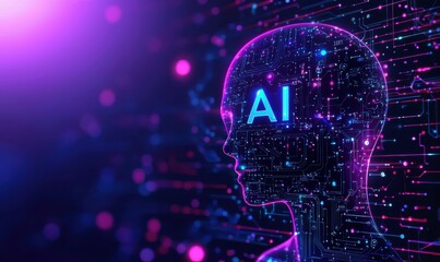Poster - vibrant digital artwork of ai concept with human head silhouette and glowing circuitry background