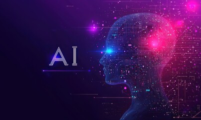 Poster - Futuristic digital head profile with AI lettering in vibrant purple and blue tones symbolizing advanced technology
