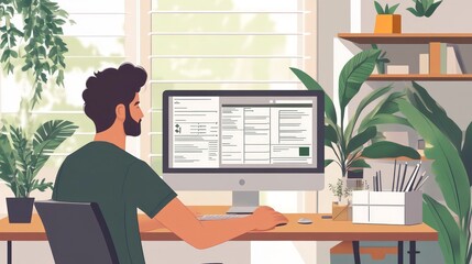 Aufkleber - A man sits at his desk, working on his computer in a home office setting. There are plants in the background.