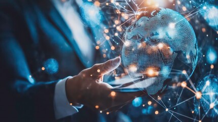 Poster - A businessman's hand holds a smartphone with a glowing digital globe and network connections, representing global connectivity and technological advancement.
