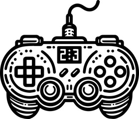 Black Line Art Gamepad Gaming Device Cable Controller Hand Drawn Illustration