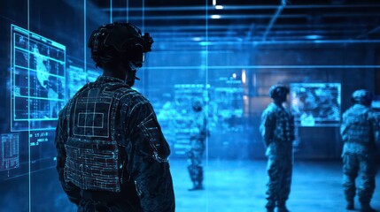Poster - A soldier in futuristic gear stands in a high-tech command center, surrounded by other soldiers and holographic displays.