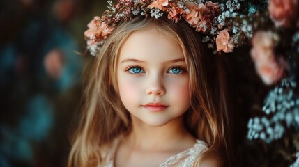 Wall Mural - A young girl wearing a flower crown and a white dress