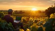 © thenort - A man wearing a cap sits in a vineyard with a laptop computer on his lap, watching the sun set over rolling hills in the distance.