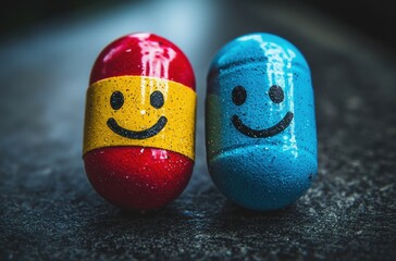 Close-up of two colorful smiling pills with glittery surfaces on a reflective black background