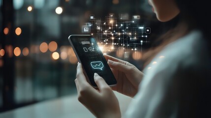 Poster - A woman using her smartphone to connect with the world. A glowing digital network around her phone shows the power of technology.