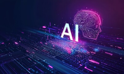 Fototapete - Abstract futuristic digital illustration of AI concept featuring human silhouette and circuit patterns in vibrant neon colors