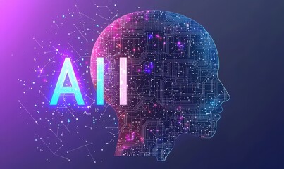 Aufkleber - Futuristic digital concept illustration of AI in a human head silhouette with circuit patterns on a vibrant purple background