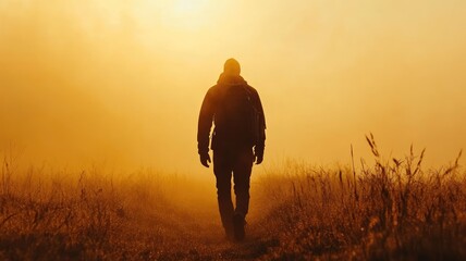 Wall Mural - silhouette of person walking in golden sunset field