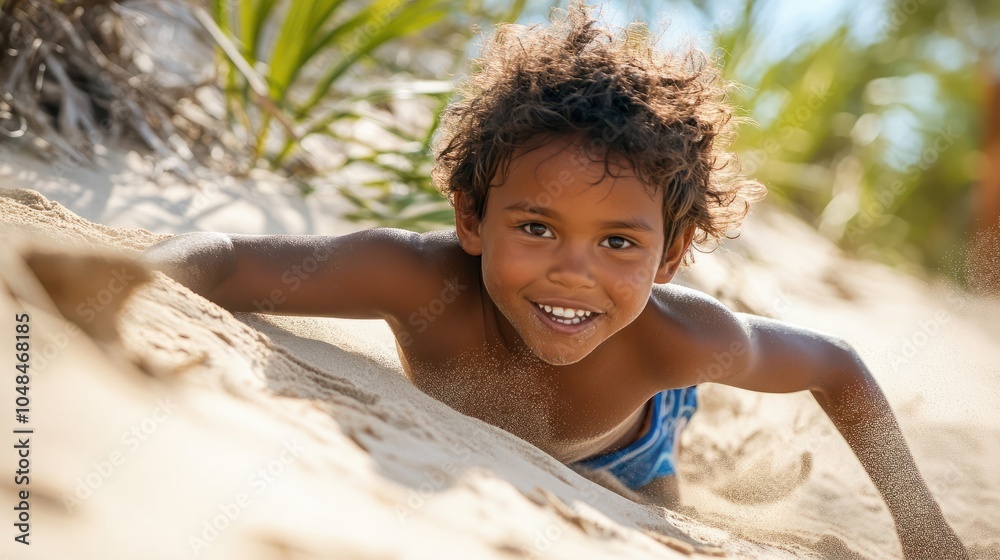 First Nations Australian Torres Strait Islander kid rolling down sand ...