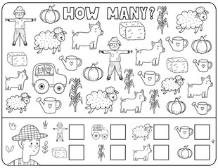 Wall Mural - How many black and white activity page for kids with cute farm characters. Count the number of scarecrow, tractor, sheep, hay and more. Puzzle game in outline. Vector illustration