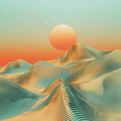 Digital desert dunes with geometric sand ripples and cyber sunset