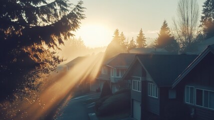 Wall Mural - Sun rays through dense trees, illuminating suburban houses in morning mist